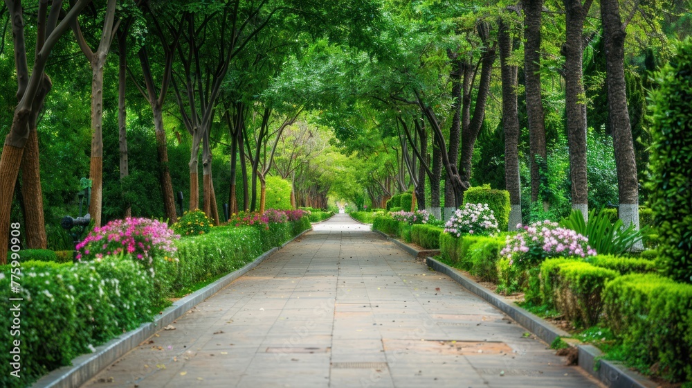 Obraz premium Pathway lined with flowering shrubs and tall trees in a public park