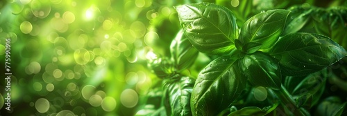 A fresh cluster of basil leaves are highlighted by dew drops and radiant light, creating a sense of thriving life