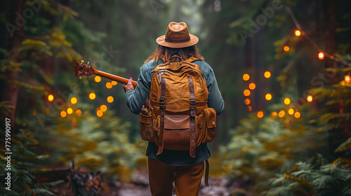 Traveler with guitar and backpack walking through an enchanting forest with hanging lights.
