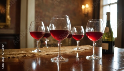 Four glasses of red wine aligned on a polished wooden table, with a wine bottle in the background suggesting a sophisticated tasting experience.