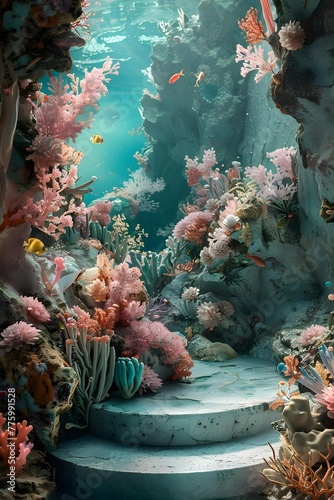 An elegant surreal podium design placed in a whimsical underwater world filled with vibrant coral reefs and exotic sea creatures, conveying a sense of tranquility and wonder