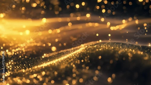 Abstract golden glitter particles with light effects on a dark background photo