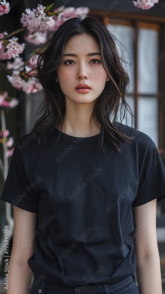 A young woman poses with a serene expression under blooming cherry blossoms. A young woman poses with a serene expression under blooming cherry blossoms.