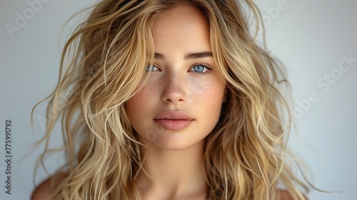 A portrait of a young woman with tousled blonde hair and a natural look on a light background, exuding casual beauty and simplicity. 