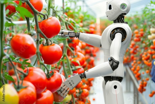 A robotic arm is harvesting tomatoes in a greenhouse. 