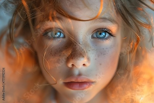 Close-up portrait of a young girl with striking blue eyes and freckles viewed from above, evoking a sense of innocence and wonder 