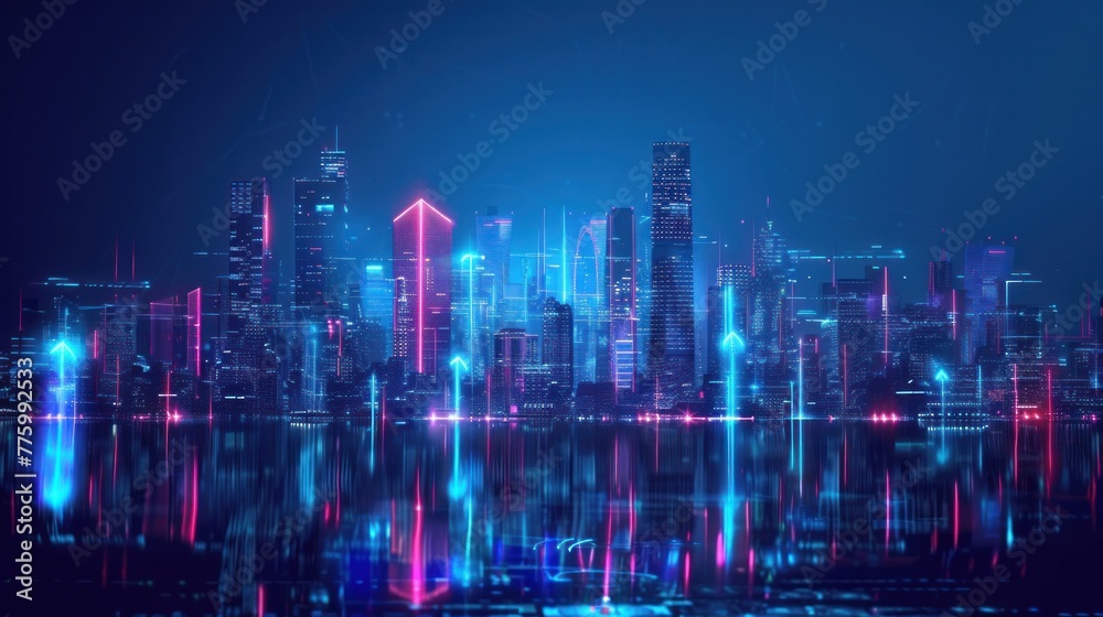 A captivating cityscape set against a dark blue background