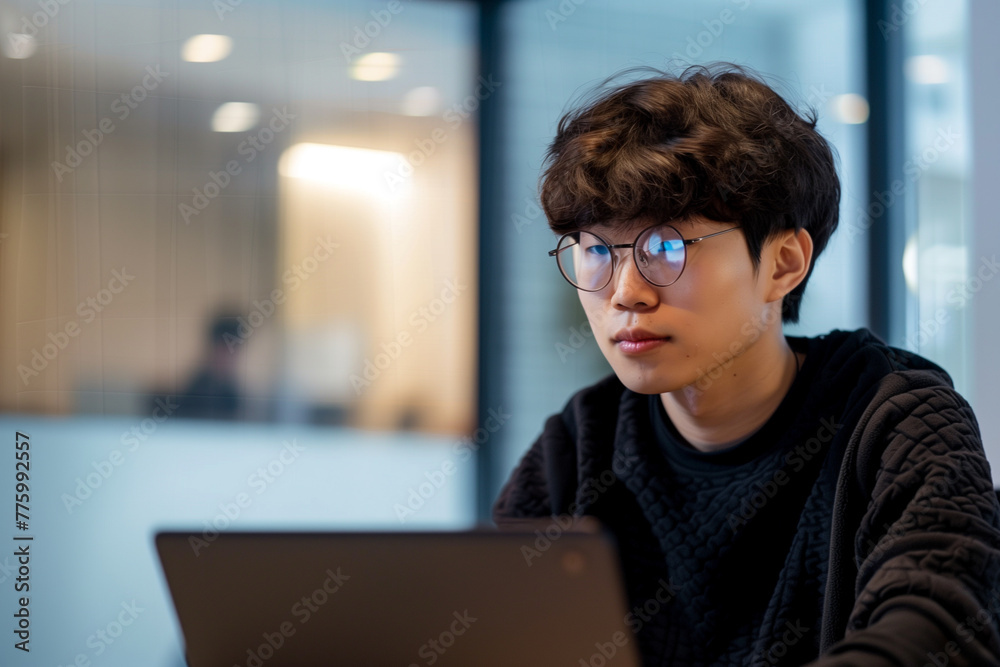 asian computer programmer focused on the monitor in an office environment asian computer programmer focused on the monitor in an office environment