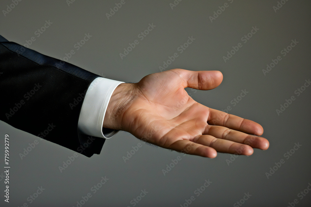 A businessman extends his hand with palm up. Product presentation or display A businessman extends his hand with palm up. Product presentation or display