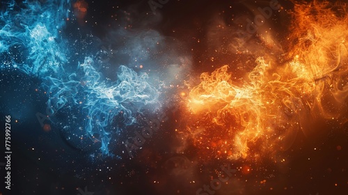 Modern illustration of a VS screen for sport games, matches, tournaments, martial arts, fight battles. Smokey white flame with blue and orange sparks. Abstract magic fire with glowing dust. EPS 10
