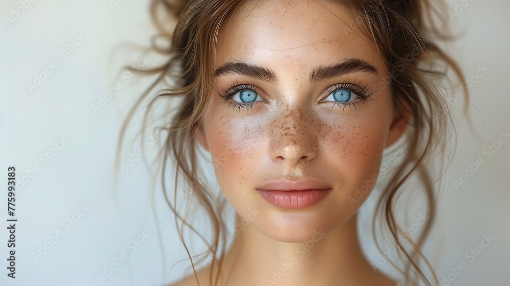 A close-up portrait of a young woman with blue eyes and freckles smiling at the camera A close-up portrait of a young woman with blue eyes and freckles smiling at the camera