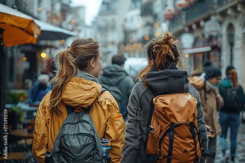 Two friends exploring a bustling street market with backpacks on a cloudy day. 