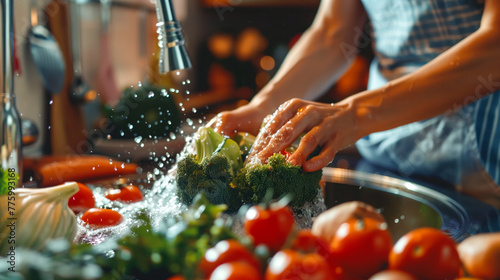 A young woman washing broccoli, tomatoes, carrots, and paprika with a refreshing splash of water in a basin