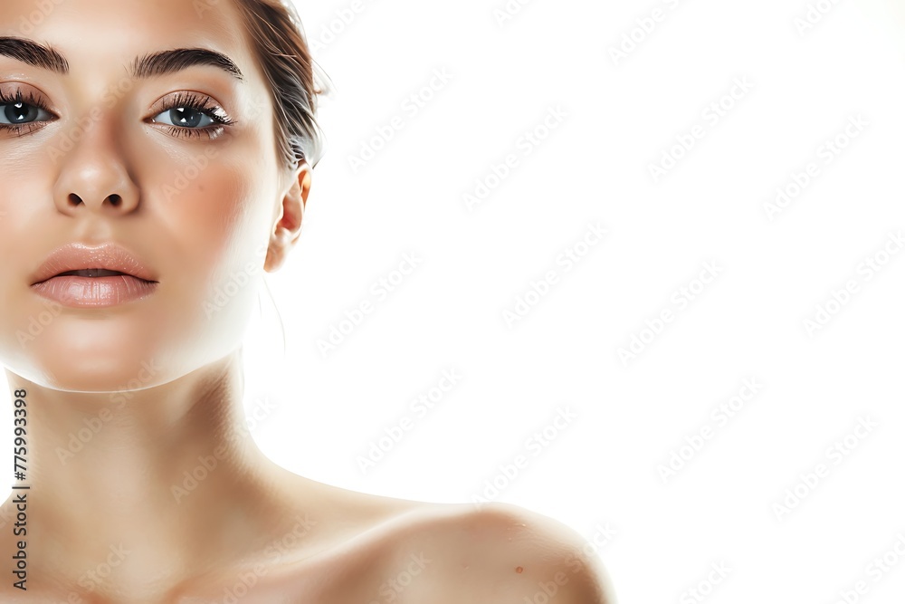 Fototapeta premium A close-up portrait of a young woman with clear skin and neutral makeup looking confidently at the camera on a white background.