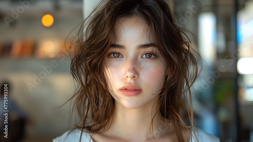 A close-up portrait of a young woman with tousled hair and a natural, fresh-faced look set against an out-of-focus indoor background photo
