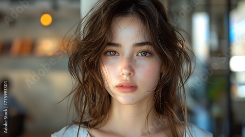 A close-up portrait of a young woman with tousled hair and a natural, fresh-faced look set against an out-of-focus indoor background