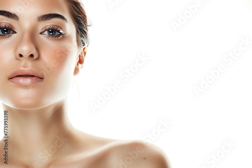 A close-up portrait of a young woman with clear skin and neutral makeup looking confidently at the camera on a white background.