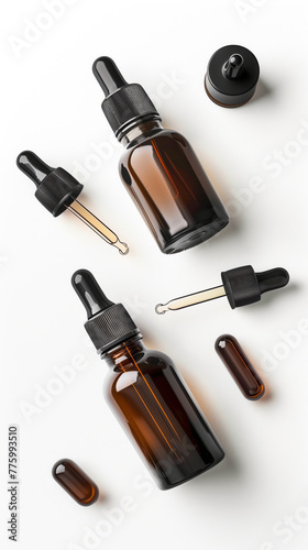 Mockup featuring eye dropper bottle, two bottle, various style, front angle, top angle, on white background, glass, black,