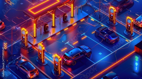 An isometric illustration of an electric vehicle charging station