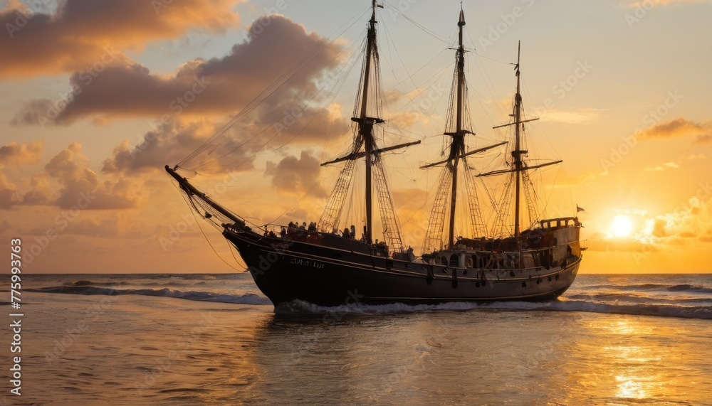 Majestic tall ship sailing at sunset, with golden light reflecting on the water, silhouette of masts against a cloudy sky.