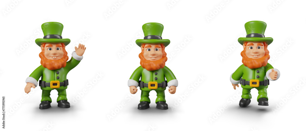 Fototapeta premium Set of leprechauns in different poses. Mythical man in green clothes