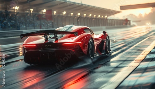 A red race car is speeding down a track by AI generated image