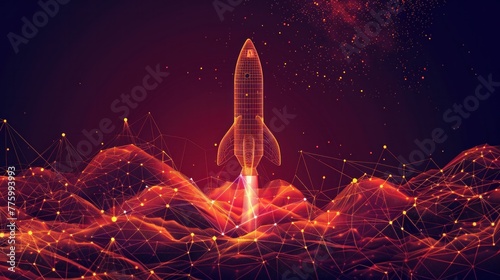 A digital art piece portraying a business startup concept through a rocket launch