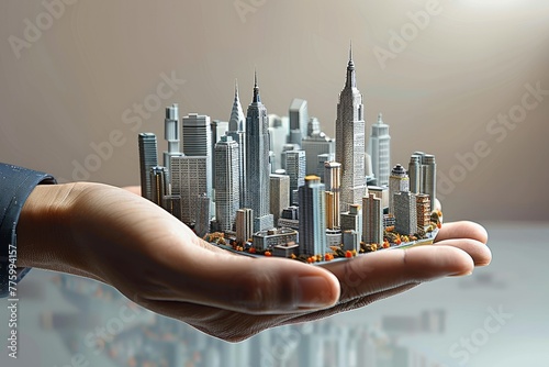 A businessman hand is shown holding a miniature replica of a city skyline, with tall buildings and landmarks. Generative AI.