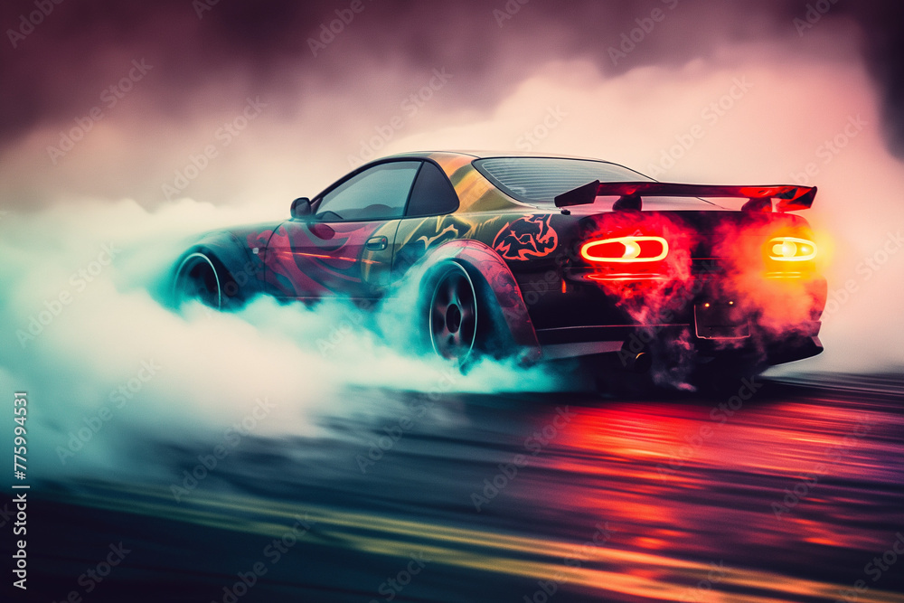 High-Octane Drift Racing Car in Dynamic Motion - obrazy, fototapety, plakaty 