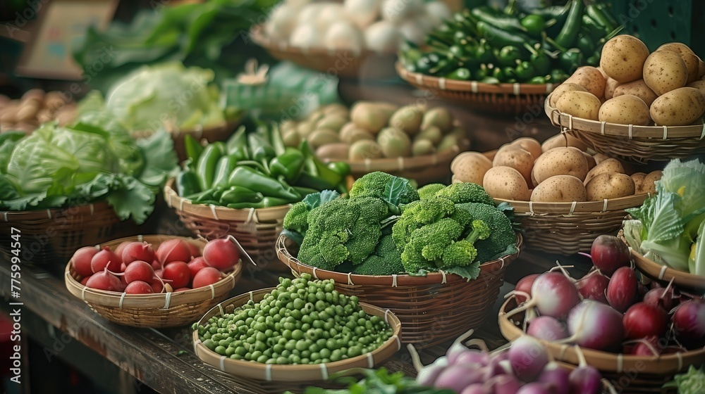 Many fresh vegetables are arranged together, with baskets of vegetables such as cabbage, radish, potatoes, lettuce, lotus root. Generative AI.