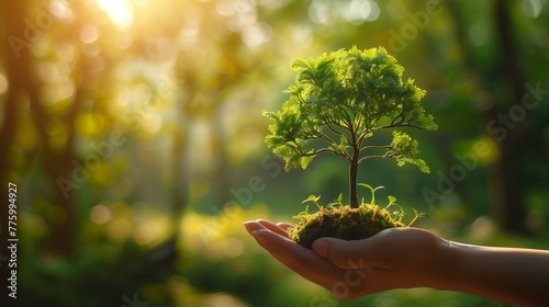 Ecology banner concept. Human hands are holding a small tree. Horizontal green photo ecology concept.