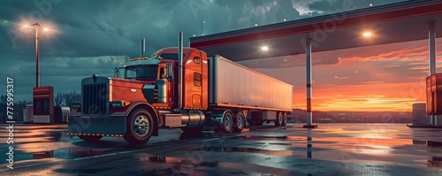 Fueling Up Semi Truck at Sunset in Urban Landscape with Illuminated Highway and Cityscape