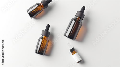 Mockup featuring eye dropper bottle, two bottle, various style, front angle, top angle, on white background, glass, black,