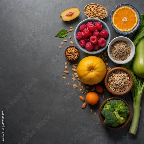 Healthy food, a diverse selection of environmentally friendly products: fruits, vegetables, seeds, cereals, leafy vegetables on a beautiful concrete background. Generative AI