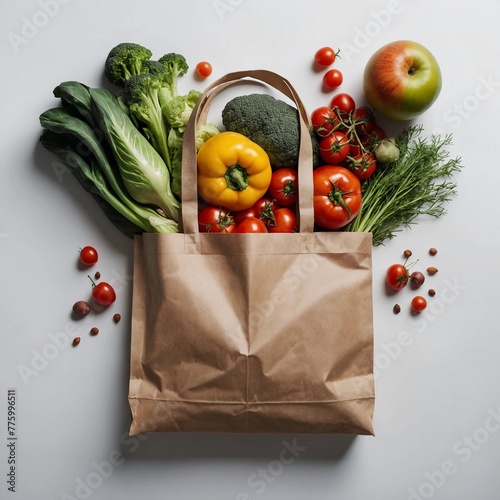 Top view of a shopping bag with healthy food on a white background. 