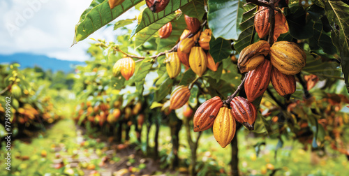 Cocoa fruit ( Theobroma cacao ) on tree Cacao, Chocolate Nut Tree, cocoa beans are processed into chocolate, Orange yellow cacao group pod, fruit ripe from tree, Harvest the agricultural