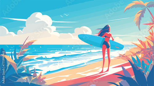 Surfer girl on the beach. Woman with surfboard. Car