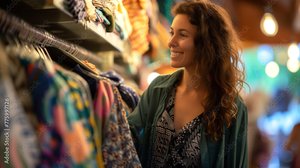 Woman selecting cloth in store, trying, looking at mirror Woman selecting cloth in store, trying, looking at mirror