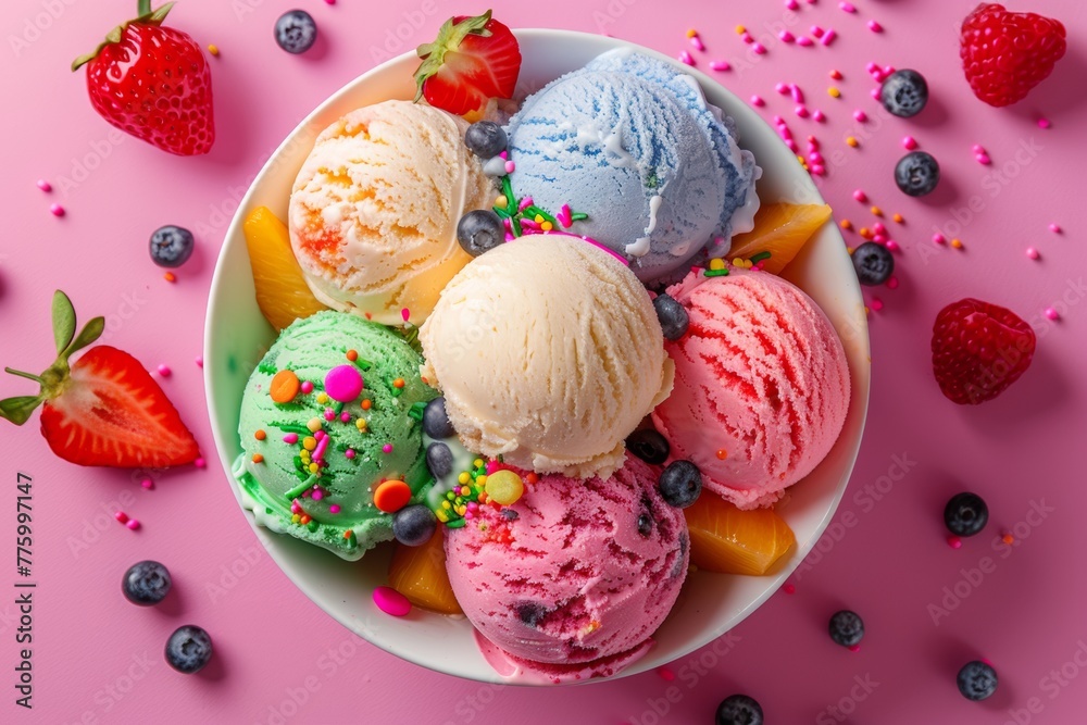 Colorful ice cream scoops with fruits on pink. Colorful ice cream scoops with fruits on pink.