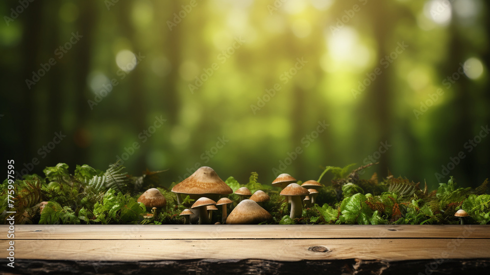 Empty table top wooden surface for product placement with mushrooms, moss, greenery background. Empty table top wooden surface for product placement with mushrooms, moss, greenery background.