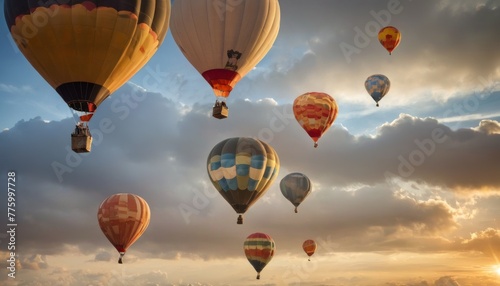 Multiple hot air balloons drift in a tranquil sky, glowing against the backdrop of a gentle sunset with soft clouds