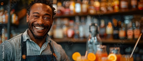 A bartender in an apron smiles as he serves drinks at a cozy bar expertly balancing bottles and glasses. Concept Food and Beverage, Bartending, Mixology, Bar Setting, Hospitality