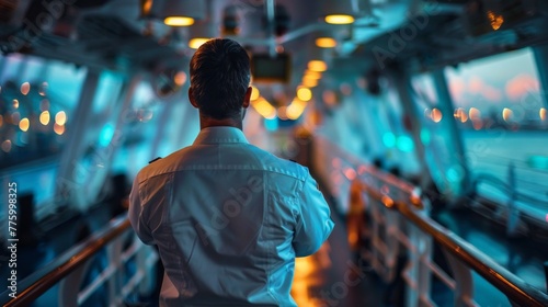 pilot, port control or duty officer in charge handle of the ship navigating to the port destination, keep watching navigation on the bridge of the ship vessel under voyage sailing to the sea