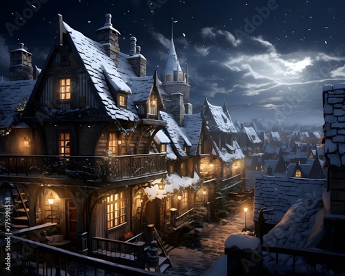 Winter night in the village. Christmas background. 3D rendering.