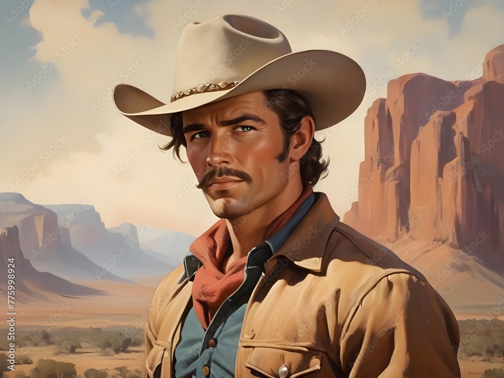 beautiful stunning handsome vintage cowboy man, paint art