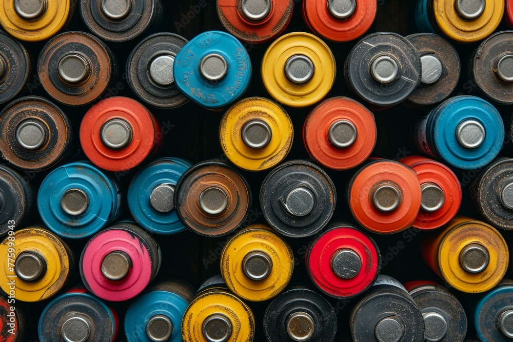 Organized Top view of alkaline batteries storage. Rechargeable energy batteries multiple stock. Generate ai Organized Top view of alkaline batteries storage. Rechargeable energy batteries multiple stock. Generate ai