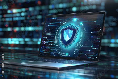 A shield icon on a digital background on a laptop screen for cybersecurity concept © grey