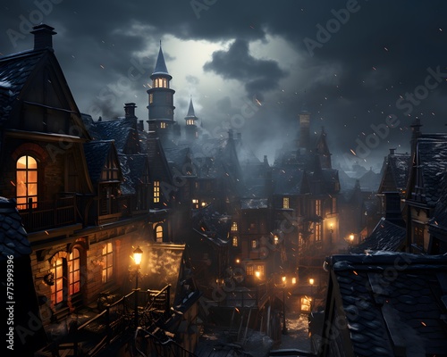 Panoramic view of the old town at night. Old houses in the fog.