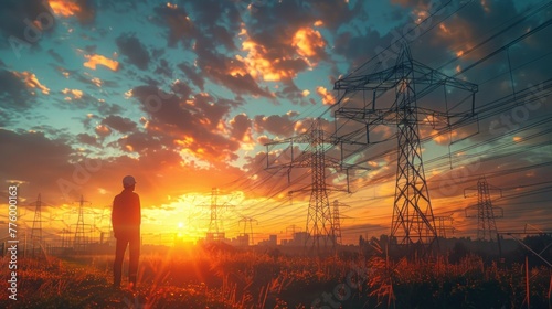 Silhouette of a person standing at a power plant at a high voltage pole at sunset over a city forest with towers and electric pylon silhouettes. Green energy or technology photo