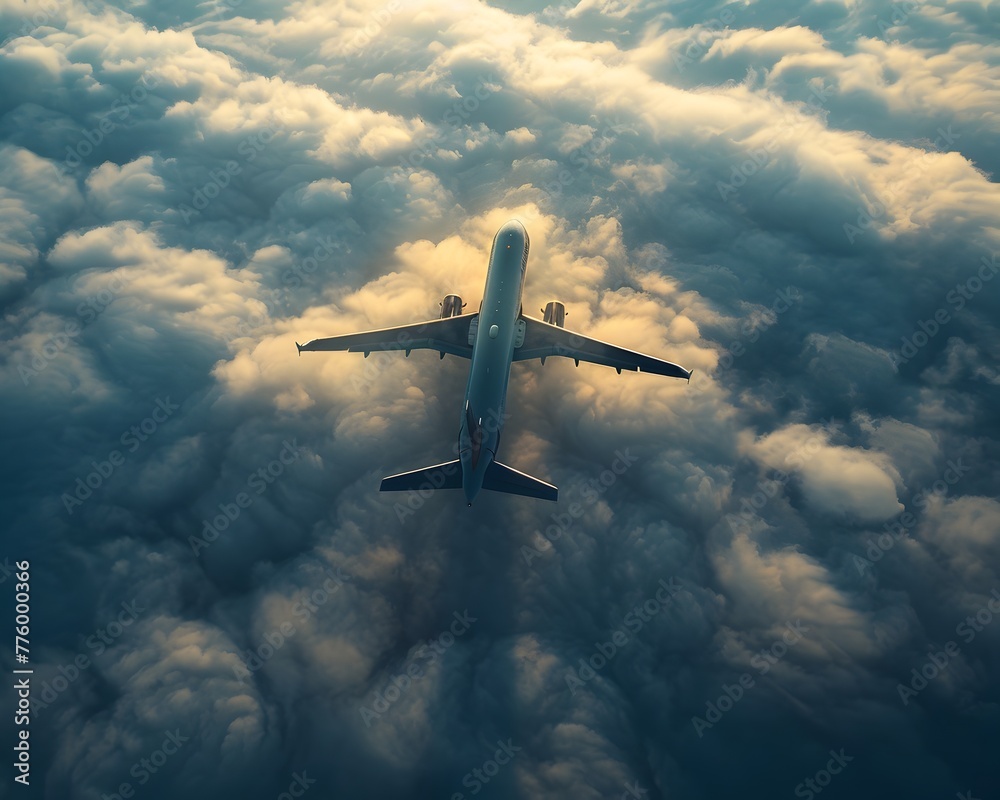 Fototapeta premium Aerial Majesty Plane Casts Ethereal Shadow Across Expansive Cloud Formations at Cruising Altitude